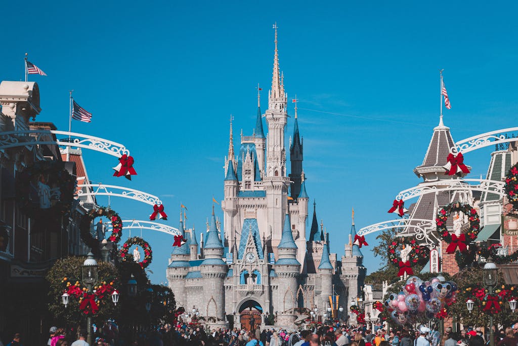 Main Street Christmas decorations and Cinderella Castle at Disney World