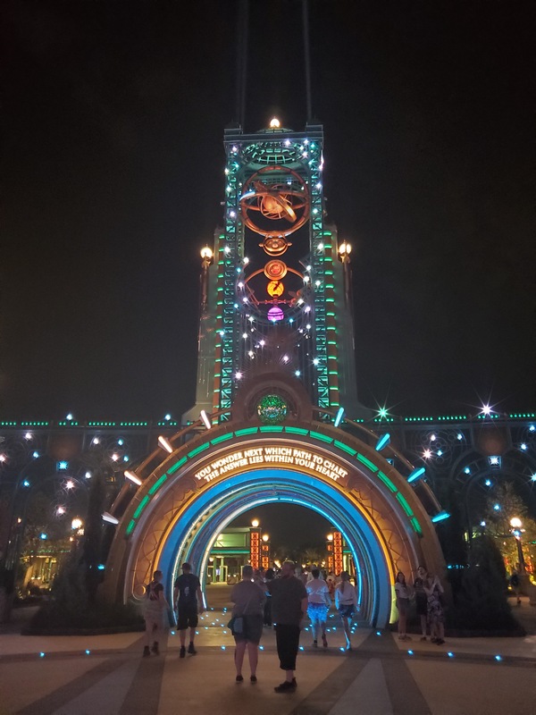 Chronos Tower at Epic Universe at night